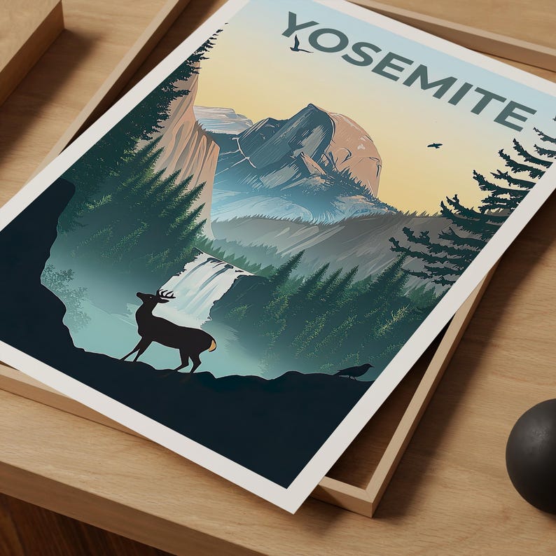 Yosemite National Park Poster, Forest Deer Print, California Art, Mountain Illustration, Landscape Poster, Home Decor, Birthday Gift