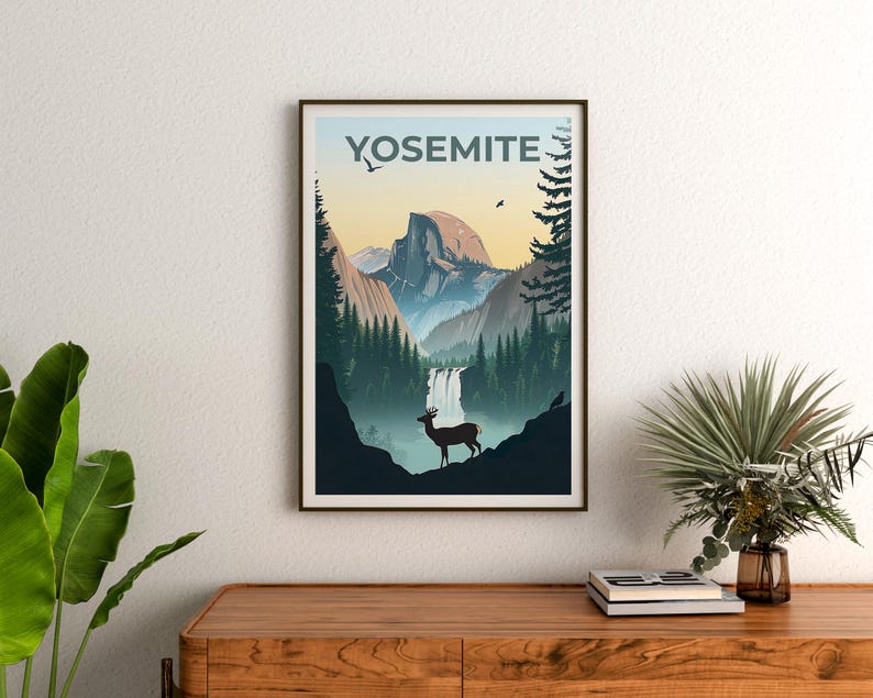 Yosemite National Park Poster, Forest Deer Print, California Art, Mountain Illustration, Landscape Poster, Home Decor, Birthday Gift