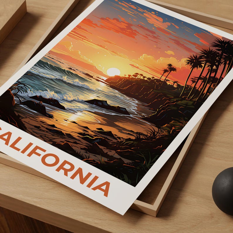 Kalifornien Druck Poster, SoCal Wandkunst, Kalifornien Posterdruck, Reise-Geschenk-Idee, Strand-Illustration