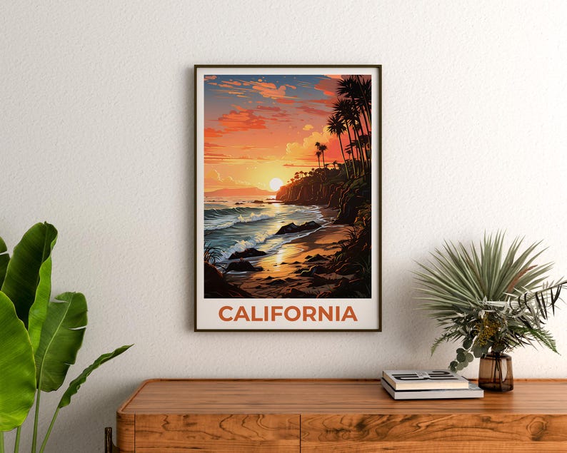 Kalifornien Druck Poster, SoCal Wandkunst, Kalifornien Posterdruck, Reise-Geschenk-Idee, Strand-Illustration