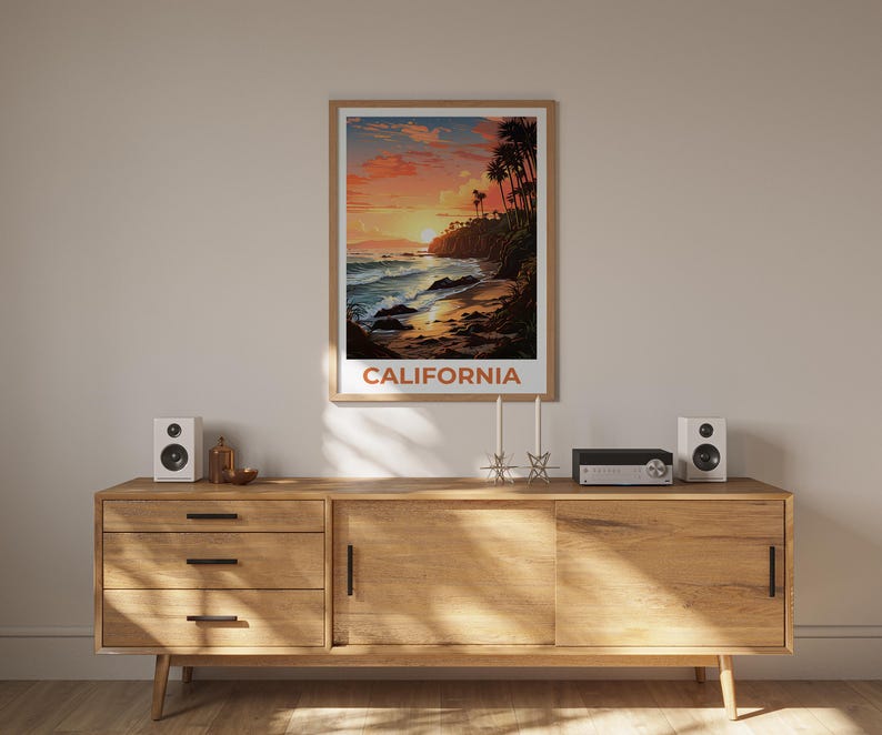 Kalifornien Druck Poster, SoCal Wandkunst, Kalifornien Posterdruck, Reise-Geschenk-Idee, Strand-Illustration