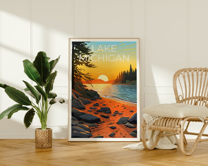 Affiche de voyage du lac Michigan, art mural du Michigan, impression du Michigan, affiche du lac Michigan, affiche du Michigan, impression du lac Michigan