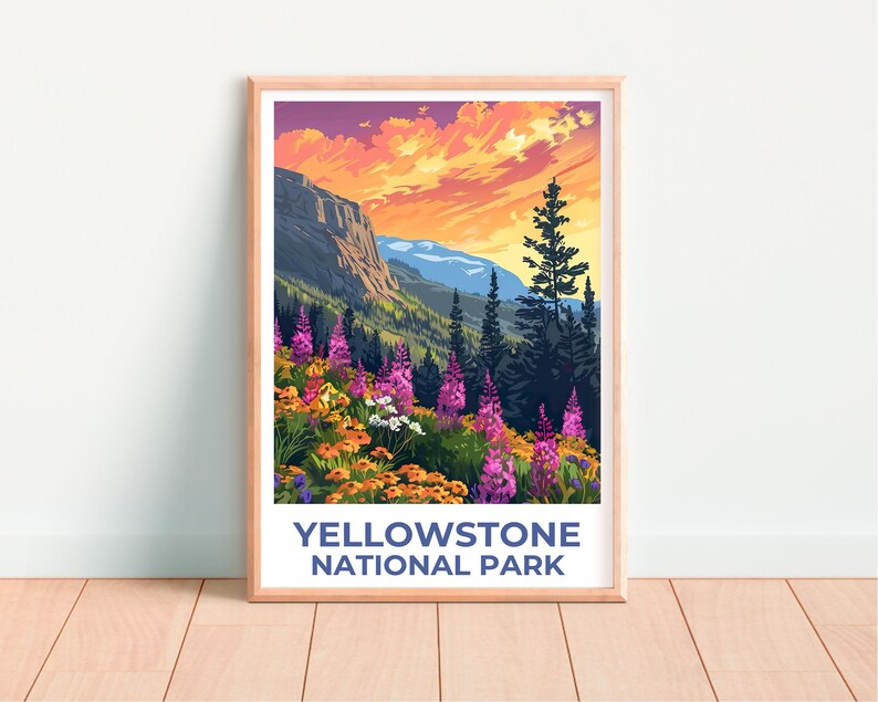 Yellowstone National Park Poster, Wyoming Travel Print, Flowers Art, Mountain Illustration, Landscape Poster, Home Decor, Birthday Gift