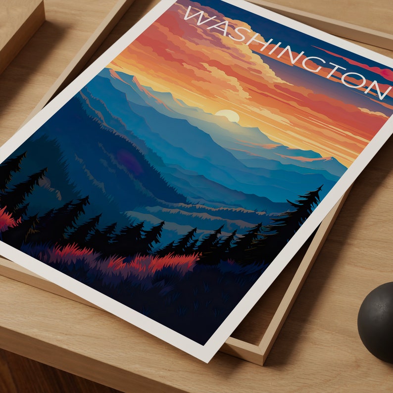 Washington Travel Poster, Mountain Wall Art, Mountain Print, Washington Poster, Washington State Poster, Washington State Print