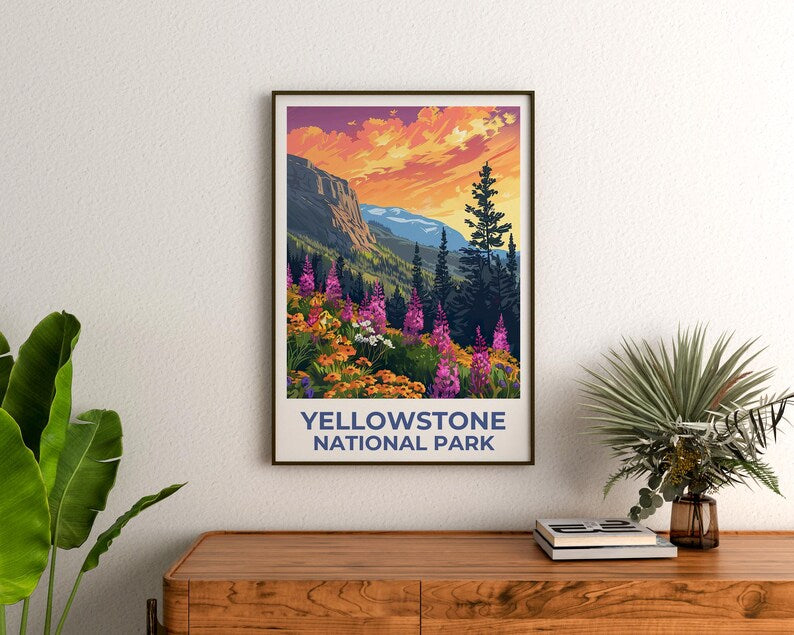 Yellowstone National Park Poster, Wyoming Travel Print, Flowers Art, Mountain Illustration, Landscape Poster, Home Decor, Birthday Gift