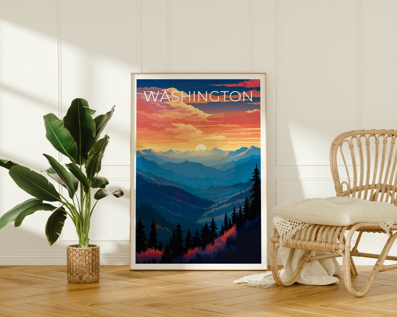 Washington Travel Poster, Mountain Wall Art, Mountain Print, Washington Poster, Washington State Poster, Washington State Print