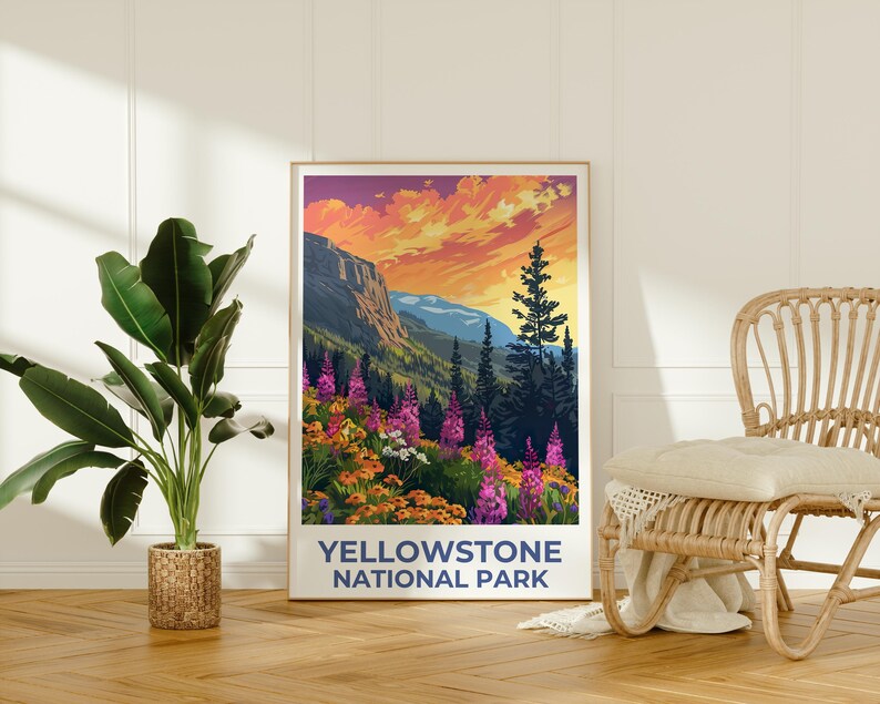 Yellowstone National Park Poster, Wyoming Travel Print, Flowers Art, Mountain Illustration, Landscape Poster, Home Decor, Birthday Gift
