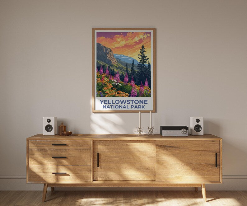 Yellowstone National Park Poster, Wyoming Travel Print, Flowers Art, Mountain Illustration, Landscape Poster, Home Decor, Birthday Gift