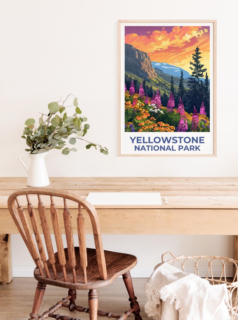 Yellowstone National Park Poster, Wyoming Travel Print, Flowers Art, Mountain Illustration, Landscape Poster, Home Decor, Birthday Gift