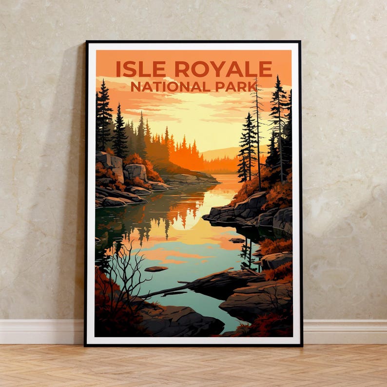 Isle Royale Travel Print Michigan Poster Forest Wall Art Great Lakes Illustration Isle Royale Poster Home Decor Birthday Gift
