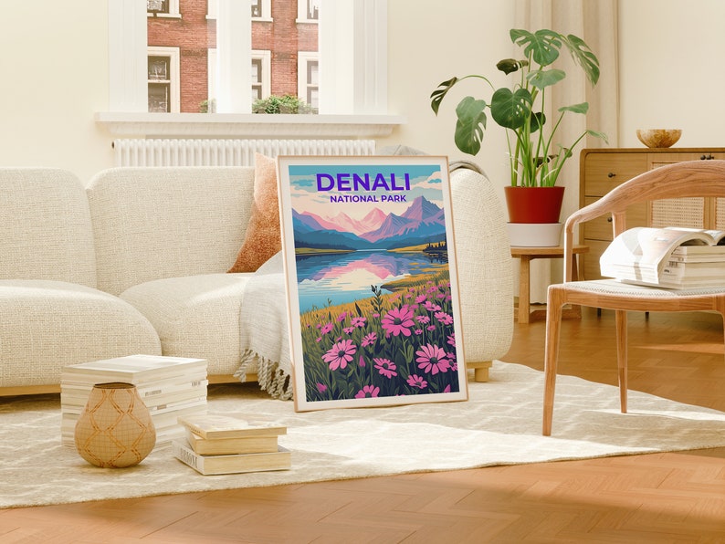 Denali Travel Poster, Alaska Wall Art, Alaska Print, Denali Poster, Flower Poster, Nature Poster, Denali Art