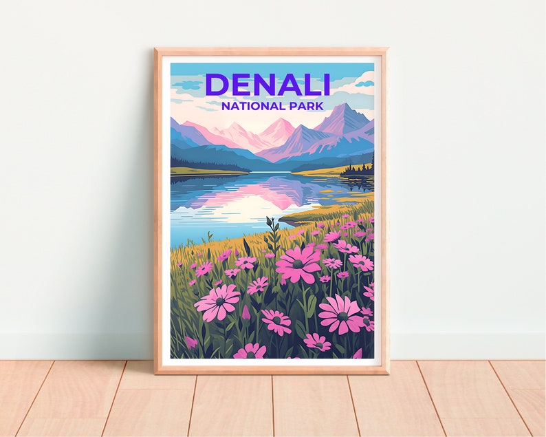 Affiche de voyage Denali, art mural de l'Alaska, impression de l'Alaska, affiche Denali, affiche de fleurs, affiche de la nature, art Denali