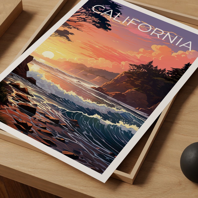 Affiche de voyage en Californie, art mural de la côte californienne, impression de plage, affiche de Californie, cadeau de voyage, affiche de plage, art de Californie