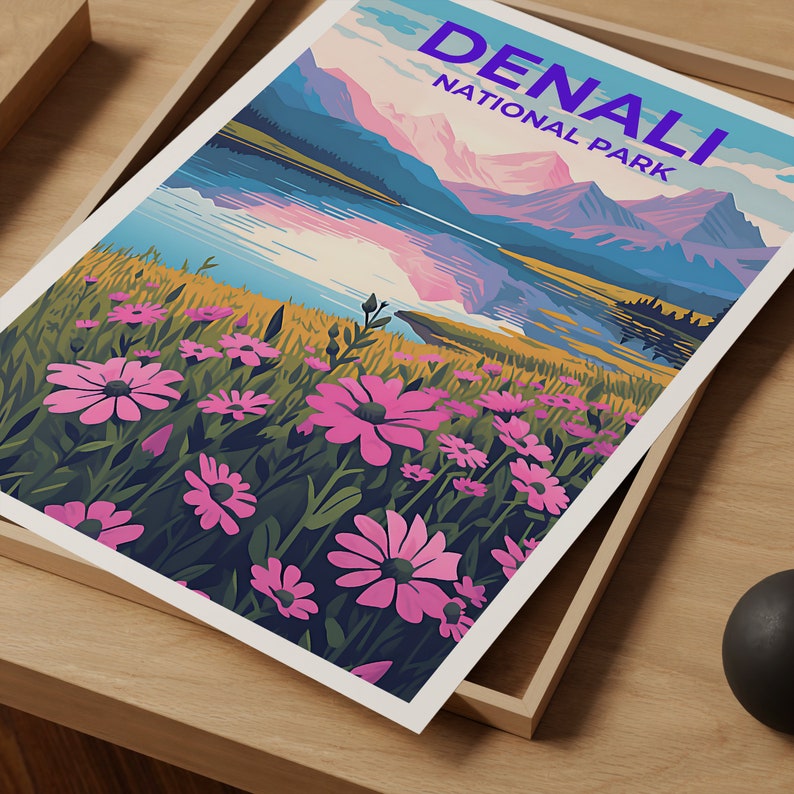 Affiche de voyage Denali, art mural de l'Alaska, impression de l'Alaska, affiche Denali, affiche de fleurs, affiche de la nature, art Denali