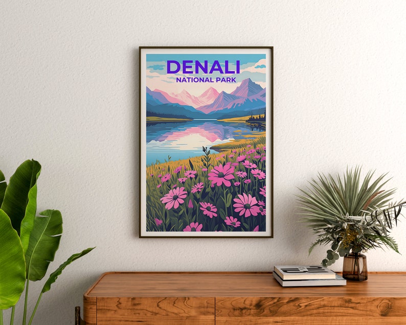 Affiche de voyage Denali, art mural de l'Alaska, impression de l'Alaska, affiche Denali, affiche de fleurs, affiche de la nature, art Denali