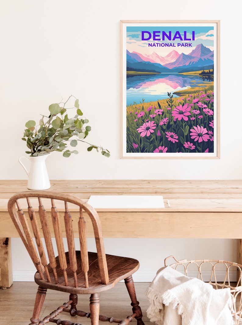 Affiche de voyage Denali, art mural de l'Alaska, impression de l'Alaska, affiche Denali, affiche de fleurs, affiche de la nature, art Denali
