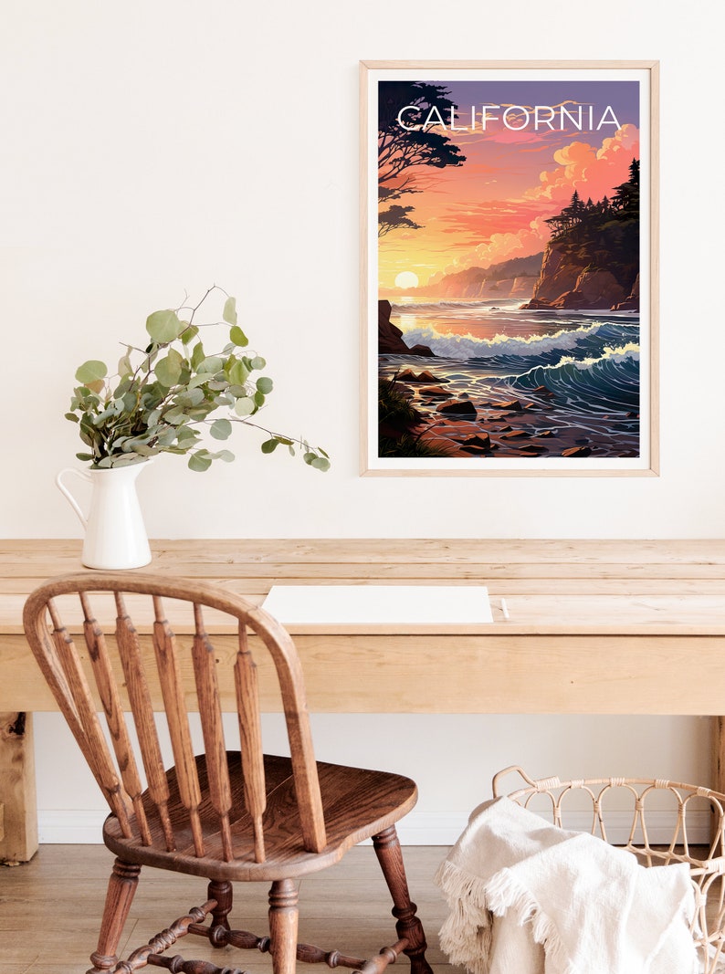 Affiche de voyage en Californie, art mural de la côte californienne, impression de plage, affiche de Californie, cadeau de voyage, affiche de plage, art de Californie