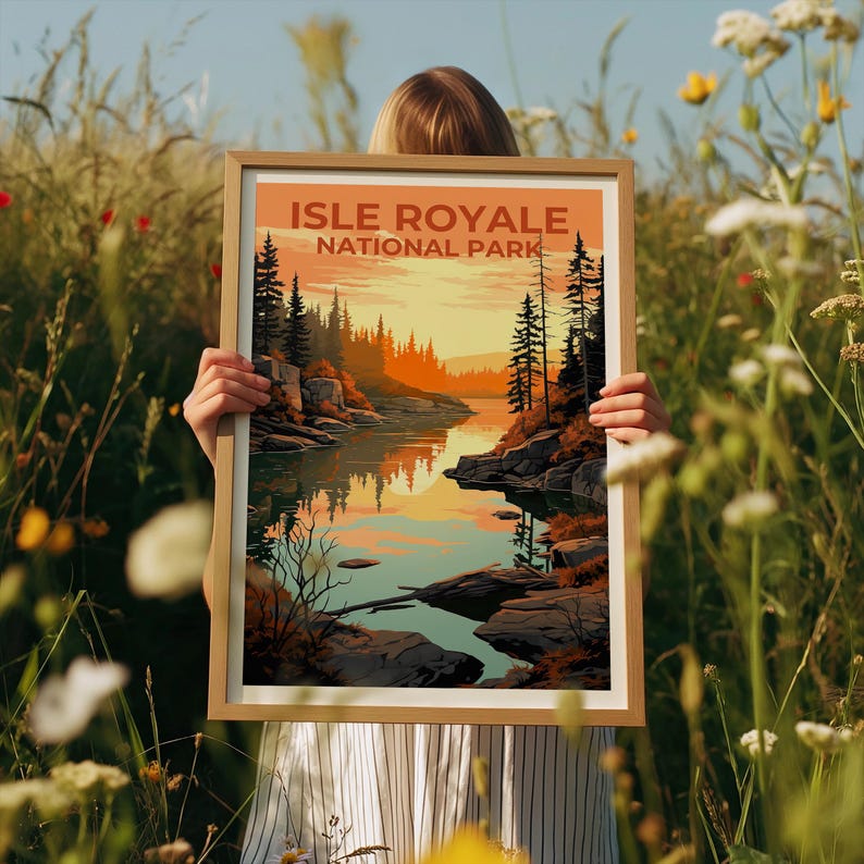 Isle Royale Travel Print Michigan Poster Forest Wall Art Great Lakes Illustration Isle Royale Poster Home Decor Birthday Gift