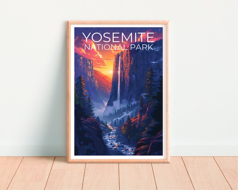 Affiche du parc national de Yosemite, impression de Yosemite, affiche de cascade, affiche de Californie, affiche de voyage en Californie, art de Yosemite, cadeau de Yosemite