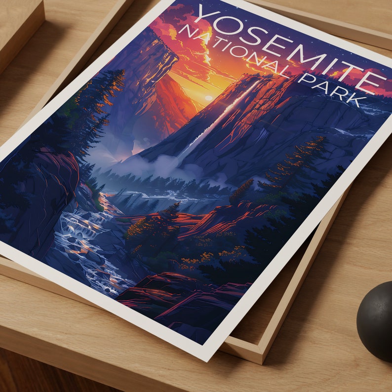 Affiche du parc national de Yosemite, impression de Yosemite, affiche de cascade, affiche de Californie, affiche de voyage en Californie, art de Yosemite, cadeau de Yosemite