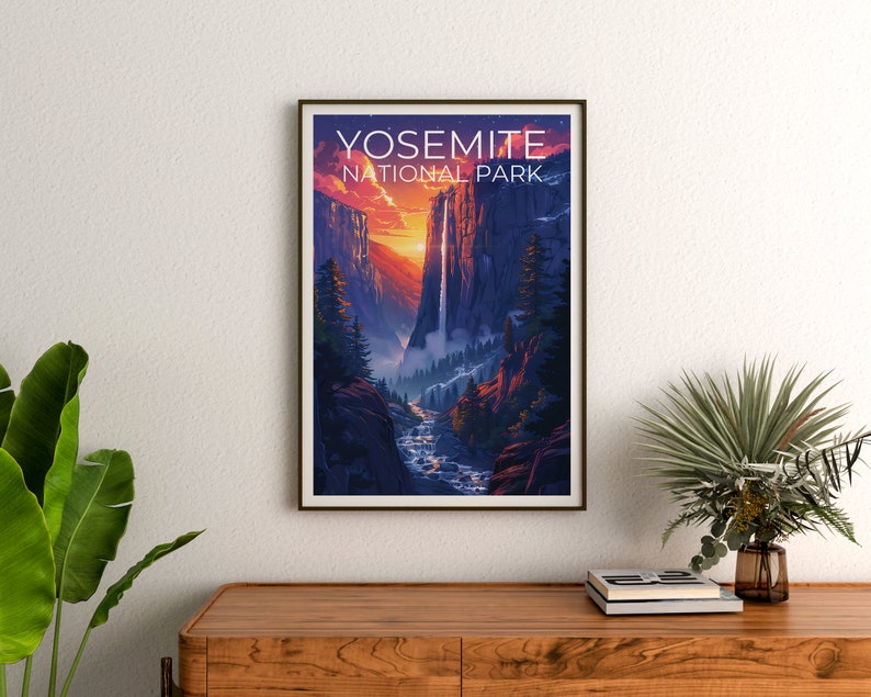Affiche du parc national de Yosemite, impression de Yosemite, affiche de cascade, affiche de Californie, affiche de voyage en Californie, art de Yosemite, cadeau de Yosemite