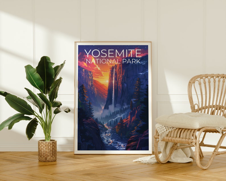 Affiche du parc national de Yosemite, impression de Yosemite, affiche de cascade, affiche de Californie, affiche de voyage en Californie, art de Yosemite, cadeau de Yosemite