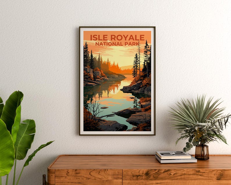 Isle Royale Travel Print Michigan Poster Forest Wall Art Great Lakes Illustration Isle Royale Poster Home Decor Birthday Gift