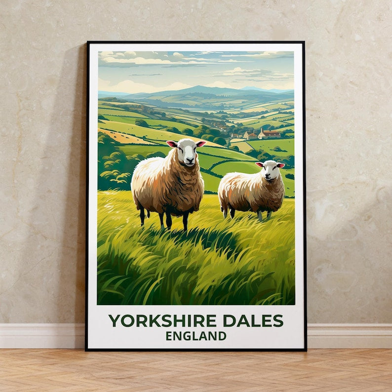 Yorkshire Dales Travel Print England Poster Rolling Hills Wall Art Sheep Illustration Yorkshire Dales Poster Home Decor Birthday Gift