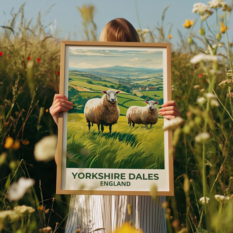 Yorkshire Dales Travel Print England Poster Rolling Hills Wall Art Sheep Illustration Yorkshire Dales Poster Home Decor Birthday Gift