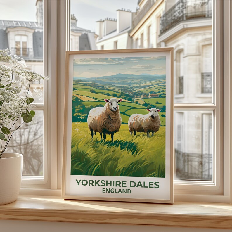 Yorkshire Dales Travel Print England Poster Rolling Hills Wall Art Sheep Illustration Yorkshire Dales Poster Home Decor Birthday Gift