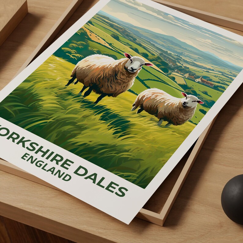 Yorkshire Dales Travel Print England Poster Rolling Hills Wall Art Sheep Illustration Yorkshire Dales Poster Home Decor Birthday Gift