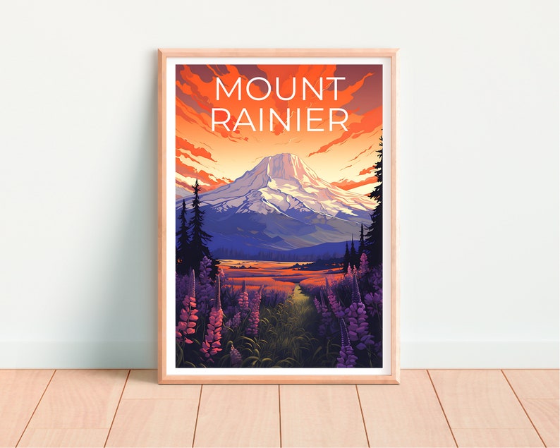Affiche de voyage du mont Rainier, art mural de Washington, impression de Washington, affiche du mont Rainier, affiche de Washington, affiche de montagne