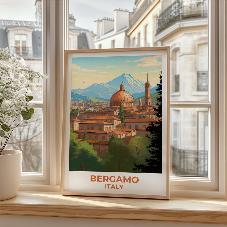 Bergamo Travel Print Italy Poster Italian City Wall Art Mountain Illustration Bergamo Poster Home Decor Birthday Gift