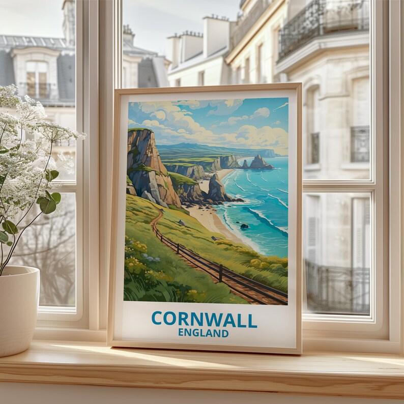 Cornwall Travel Print England Poster Cornwall Cliffs Wall Art Great Britain Illustration Coastal Landscape Poster Home Decor Birthday Gift