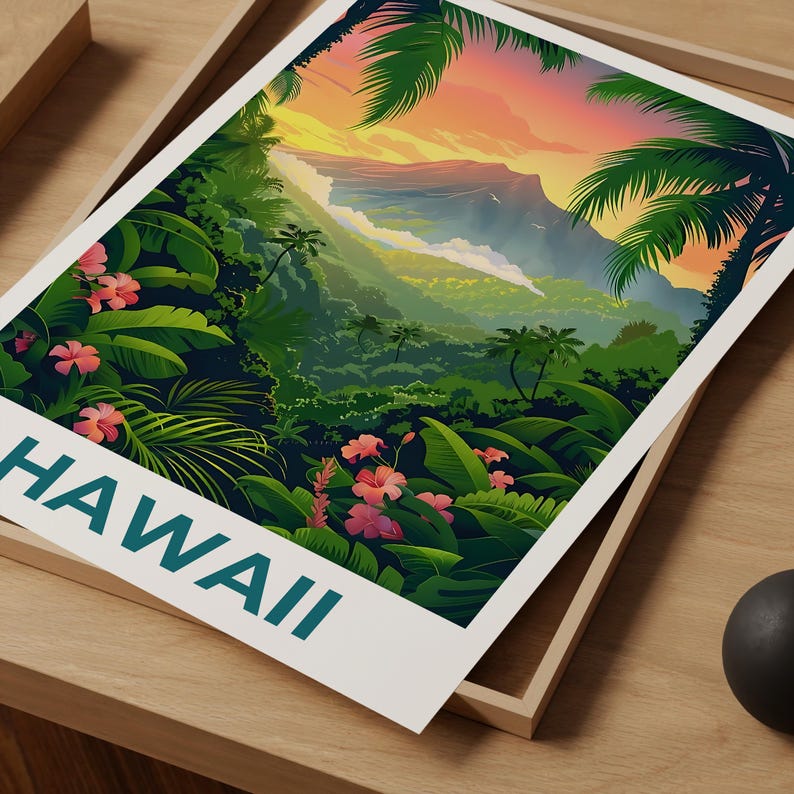 Hawaii Travel Poster, Hawaii Islands Print, Tropical Island Art, Hawaii Illustration, Adventure Poster, Home Decor, Birthday Gift