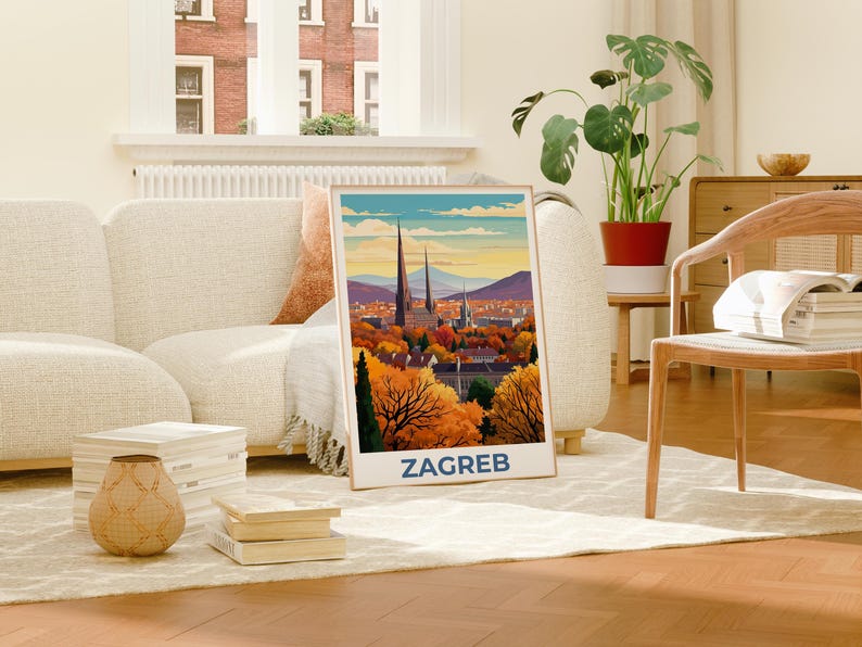 Zagreb Poster, Croatia Travel Print, European Skyline Art, Zagreb City Illustration, Landscape Poster, Home Decor, Birthday Gift