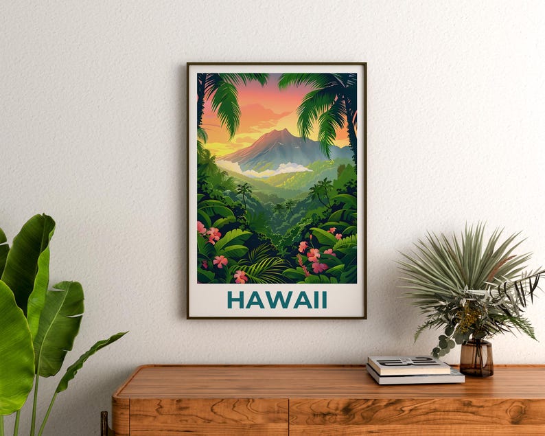 Hawaii Travel Poster, Hawaii Islands Print, Tropical Island Art, Hawaii Illustration, Adventure Poster, Home Decor, Birthday Gift