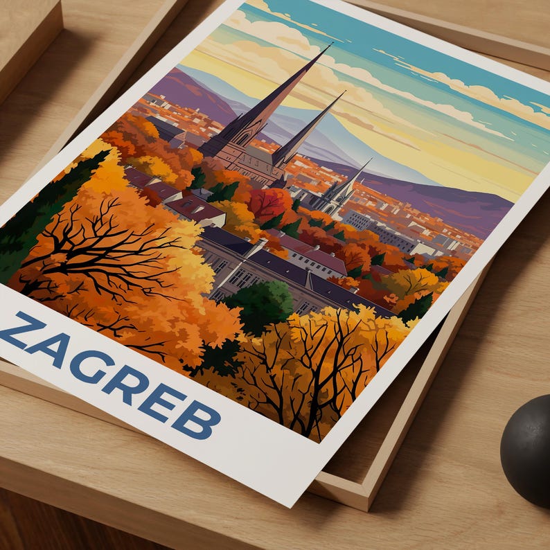 Zagreb Poster, Croatia Travel Print, European Skyline Art, Zagreb City Illustration, Landscape Poster, Home Decor, Birthday Gift