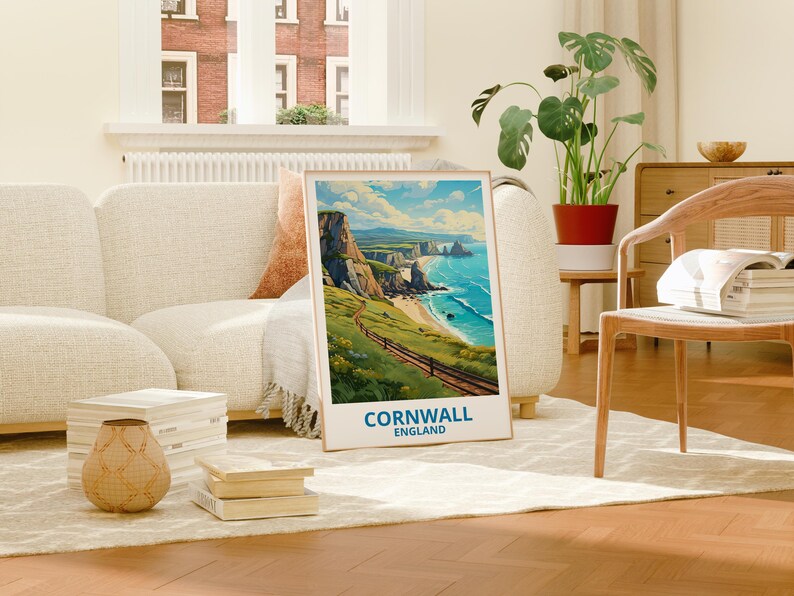 Cornwall Travel Print England Poster Cornwall Cliffs Wall Art Great Britain Illustration Coastal Landscape Poster Home Decor Birthday Gift