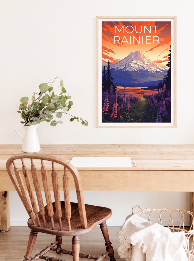 Affiche de voyage du mont Rainier, art mural de Washington, impression de Washington, affiche du mont Rainier, affiche de Washington, affiche de montagne