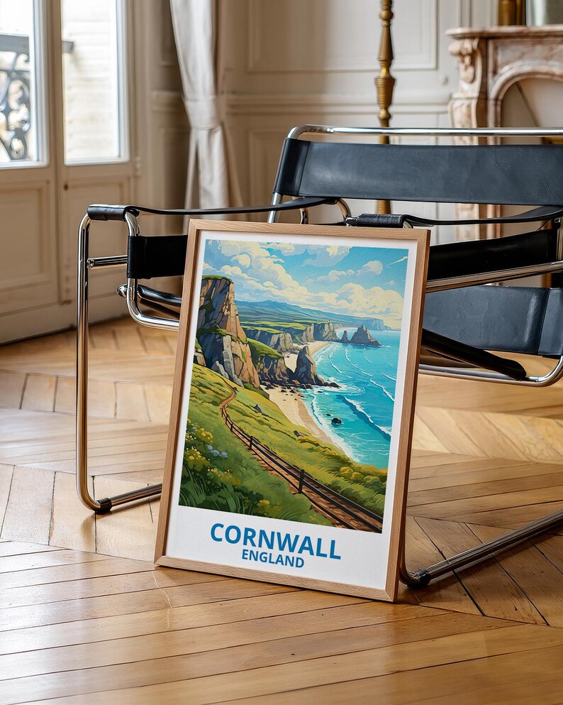 Cornwall Travel Print England Poster Cornwall Cliffs Wall Art Great Britain Illustration Coastal Landscape Poster Home Decor Birthday Gift