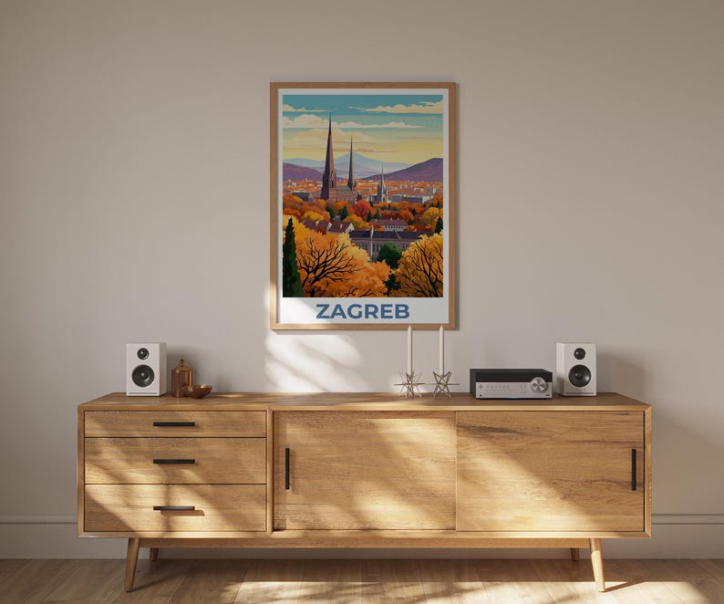 Zagreb Poster, Croatia Travel Print, European Skyline Art, Zagreb City Illustration, Landscape Poster, Home Decor, Birthday Gift