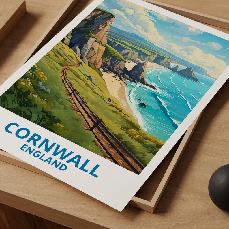 Cornwall Travel Print England Poster Cornwall Cliffs Wall Art Great Britain Illustration Coastal Landscape Poster Home Decor Birthday Gift
