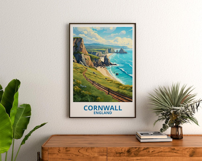 Cornwall Travel Print England Poster Cornwall Cliffs Wall Art Great Britain Illustration Coastal Landscape Poster Home Decor Birthday Gift