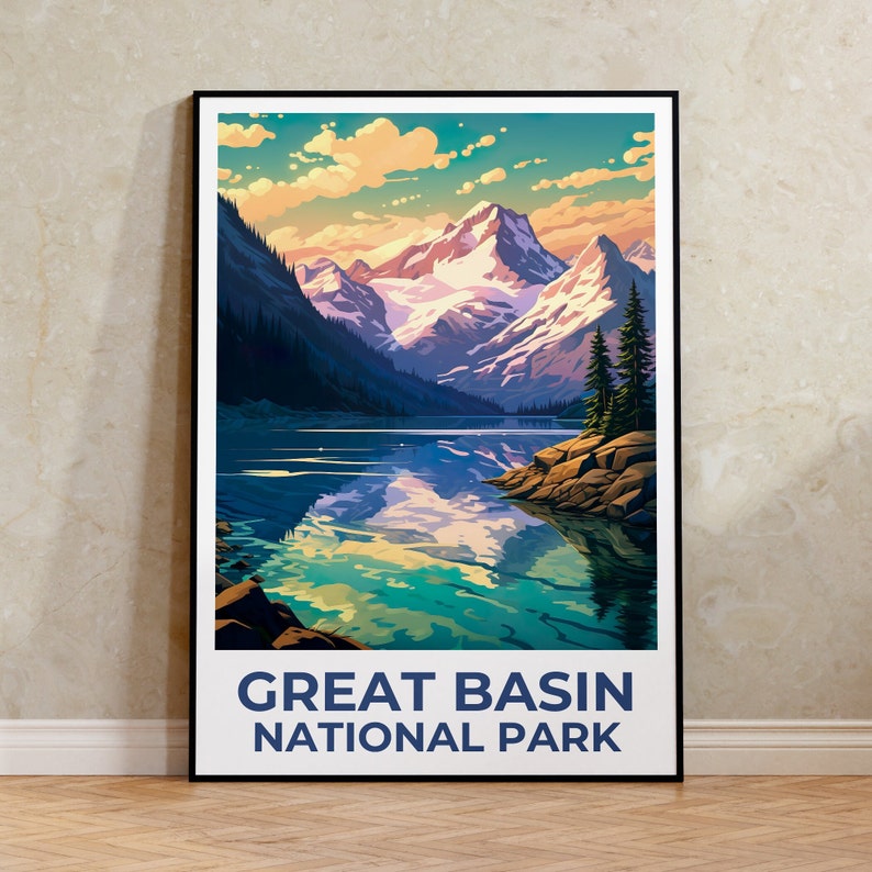 Affiche de voyage du parc du Grand Bassin, art mural du Nevada, impression du Nevada, affiche du parc du Grand Bassin, affiche du Nevada, affiche de montagne