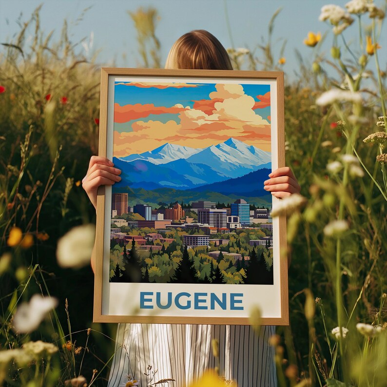 Eugene Travel Print, Oregon Poster, Rustic City Wall Art, Mountain Illustration, Landscape Poster, Home Decor, Birthday Gift