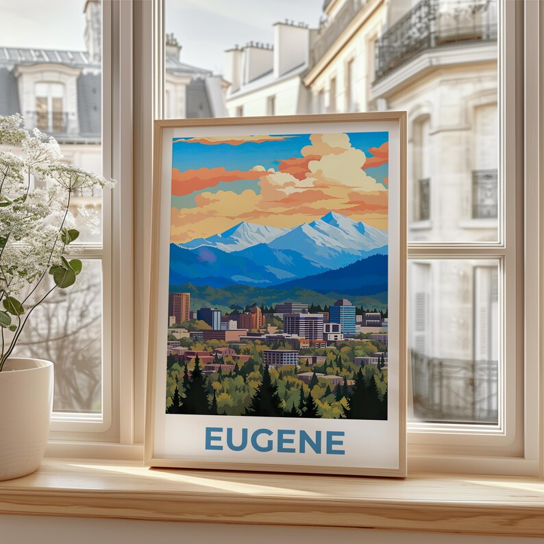 Eugene Travel Print, Oregon Poster, Rustic City Wall Art, Mountain Illustration, Landscape Poster, Home Decor, Birthday Gift