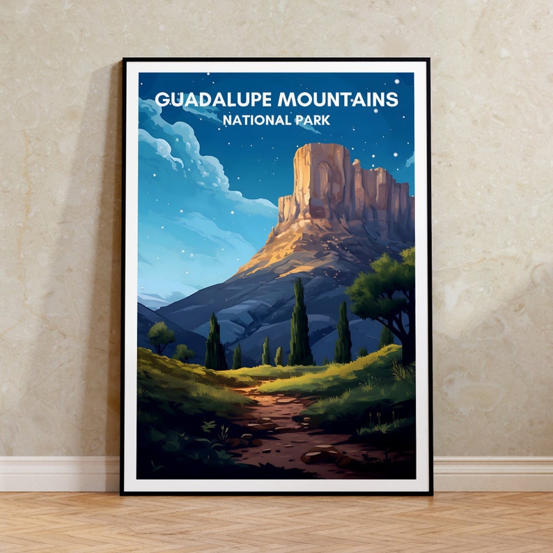 Affiche de voyage des montagnes de Guadalupe, art mural de Guadalupe, impression du Texas, affiche des montagnes de Guadalupe, affiche de montagne, affiche de nature