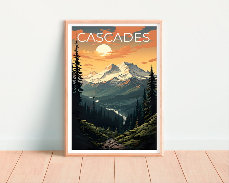Cascades Travel Poster, Mountain Wall Art, Mountain Print, Cascades Poster, Mountain Poster, Nature Poster, Cascade Art