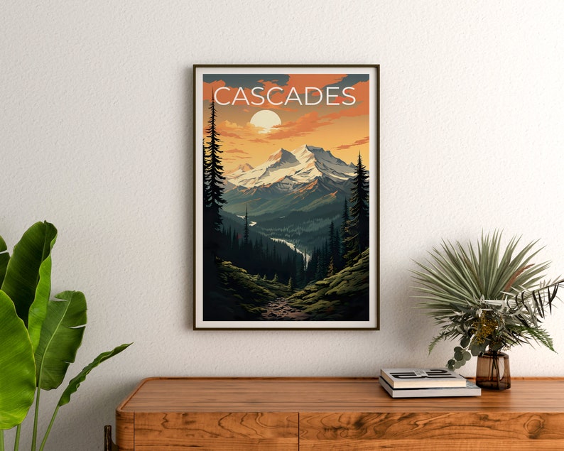 Cascades Travel Poster, Mountain Wall Art, Mountain Print, Cascades Poster, Mountain Poster, Nature Poster, Cascade Art